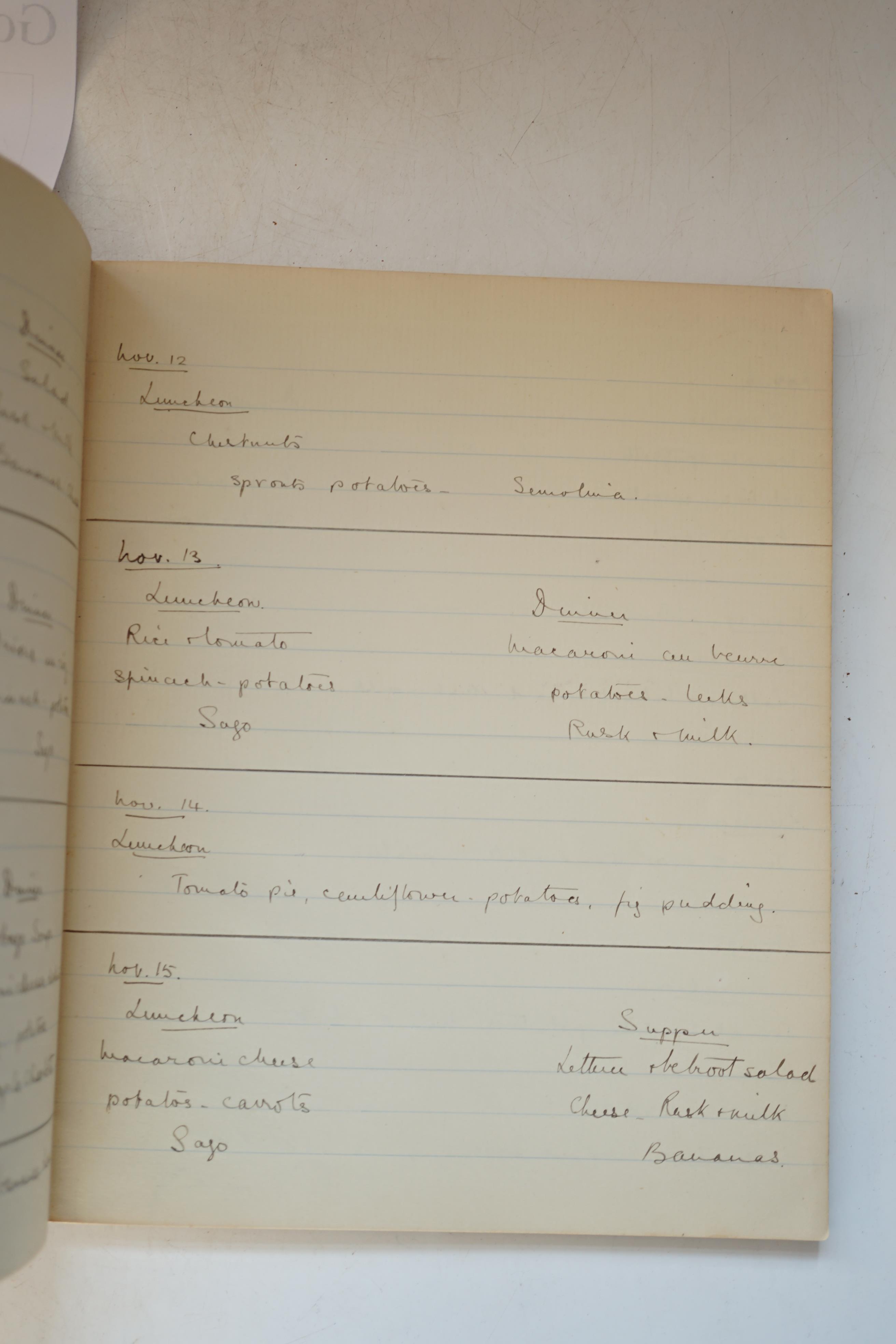 An Edward VII booklet, recording Dinner and Lunch Menus from May 1st to October 7th 1907, with the names of several guests, including Emmeline Pankhurst (on four occasions) and Teresa Billington, both members of the Brit